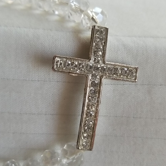 Silver Clear Glass Bead Cross Stretch Bracelet - Picture 2 of 5